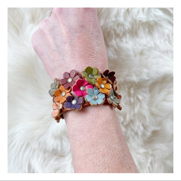 SOLD - Boho Floral Embellished Faux Leather Cuff Bracelet - Picture 4 of 7